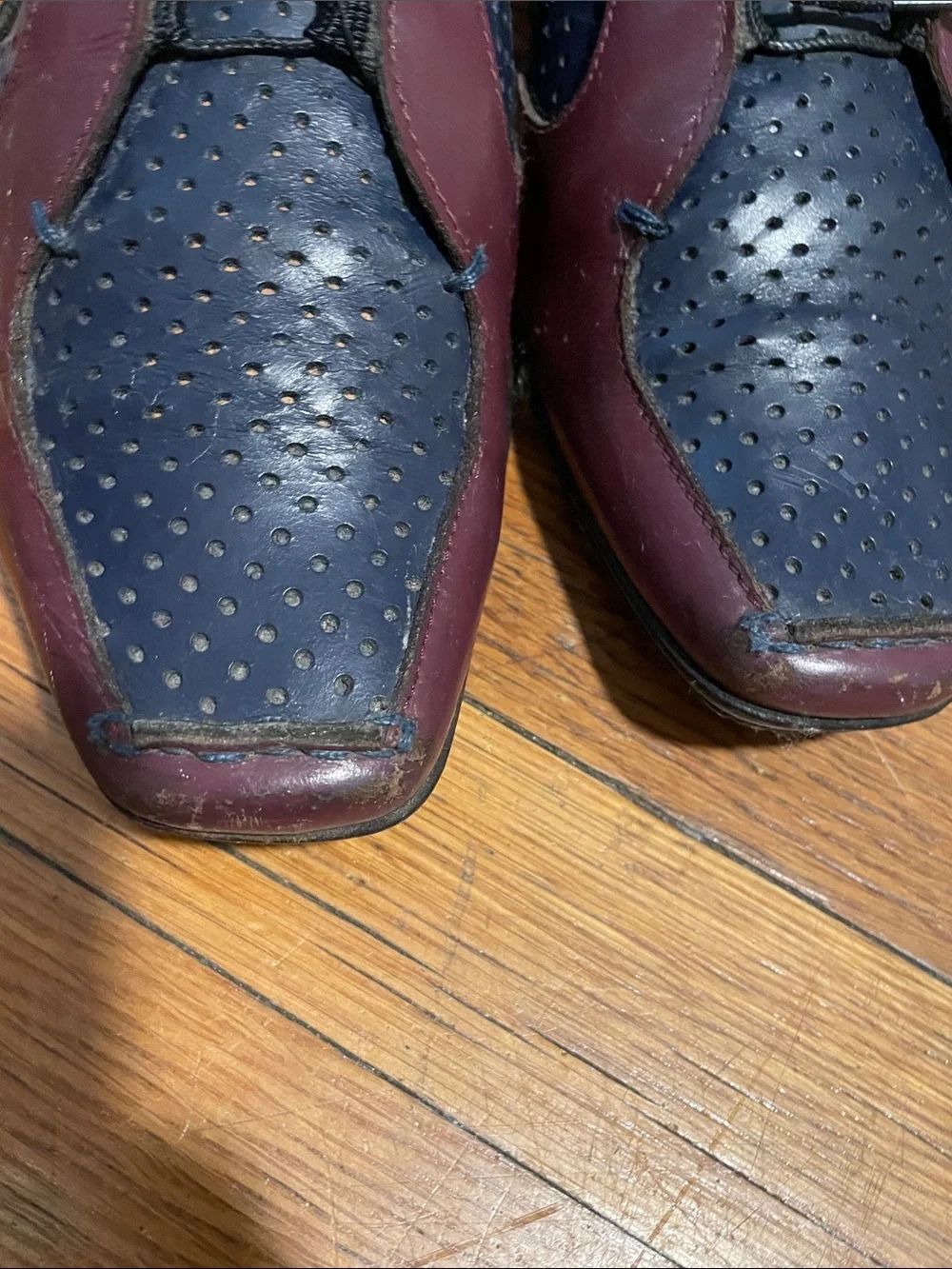 Prada Navy and Burgundy Perforated Leather Oxfords